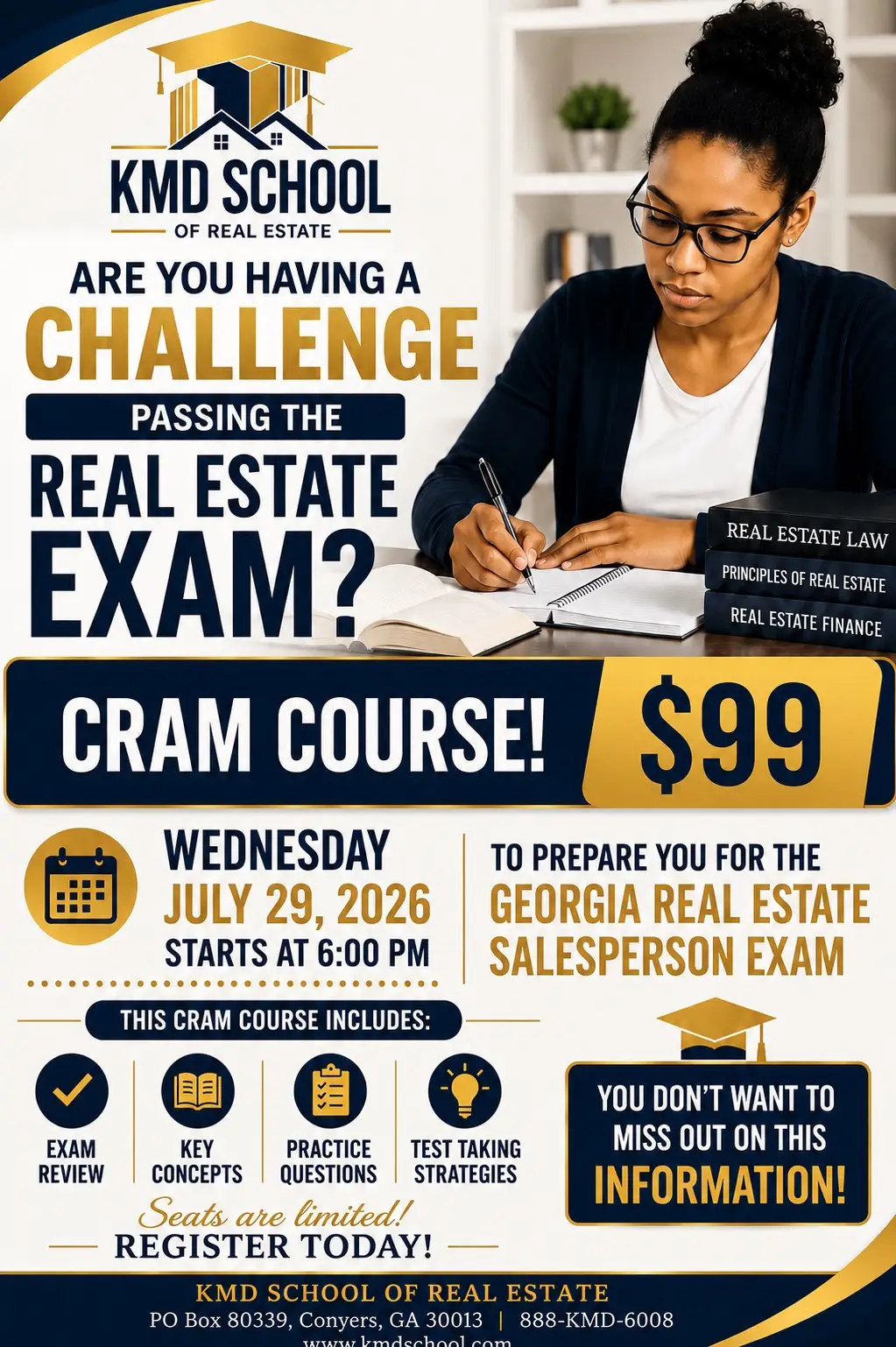 KMD School Georgia real estate salesperson exam cram course — Wednesday, July 29, 2026 at 6:00 PM, $99